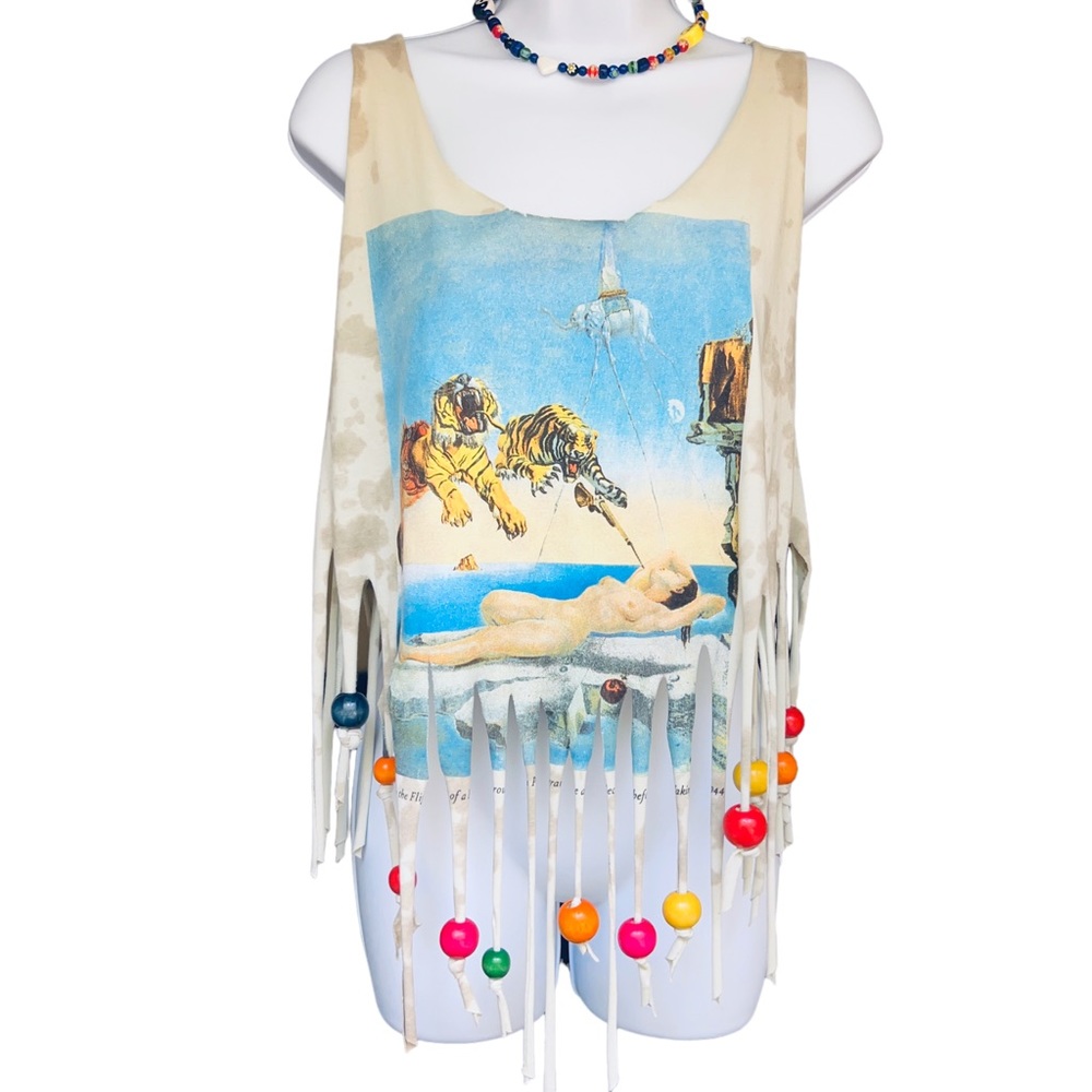 Urban Outfitters Salvador Dali Art Beaded Fringe Detail Scoop Neck Tank